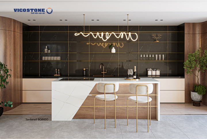 Đá nhân tạo VICOSTONE Sardiana BQ8850 ốp quầy bar giúp tái tạo năng lượng và mang đến cảm xúc tích cực tràn đầy cho người thưởng thức đồ uống