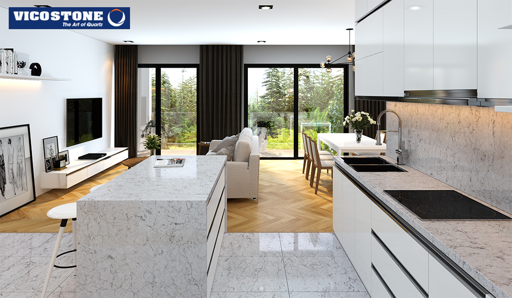 Không gian phòng khách - phòng bếp được phân biệt rõ ràng nhờ đá VICOSTONE Argento  