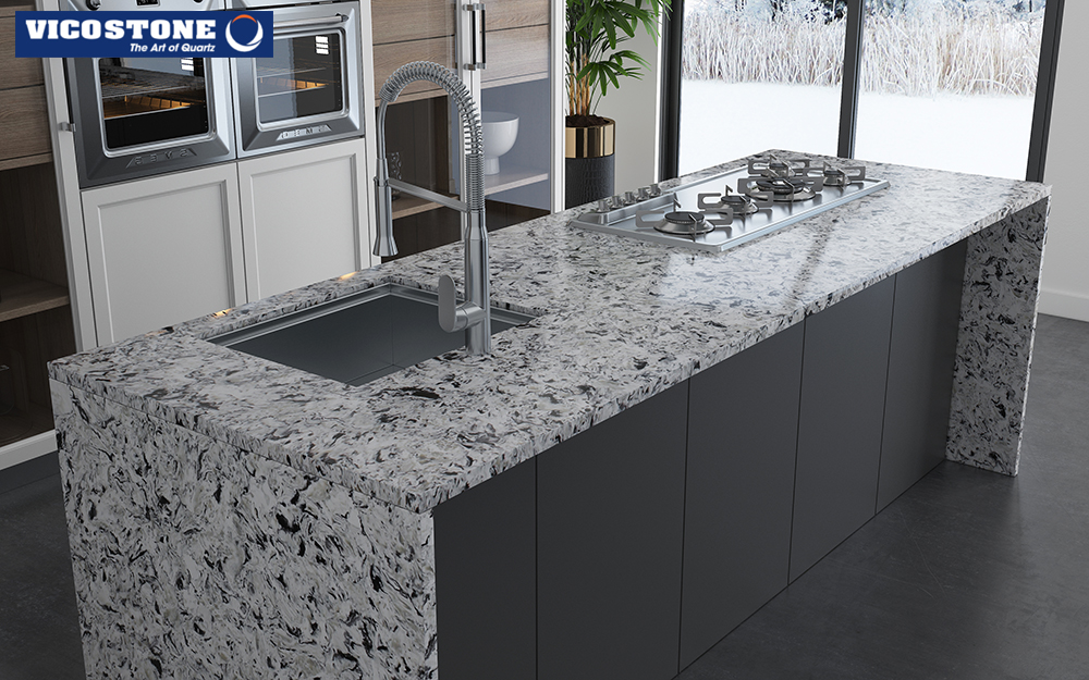 Đá VICOSTONE Cold Spring sẽ là điểm nhấn hoàn hảo cho căn bếp tầm trung với nhiều thiết bị hiện đại