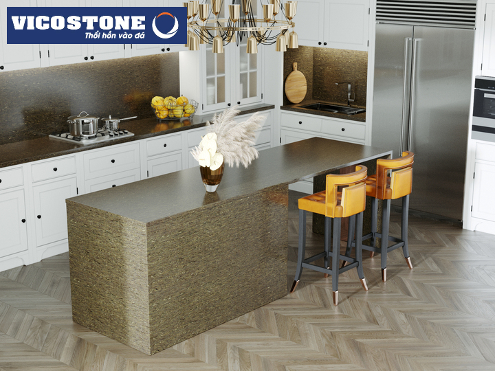 Ốp tường, bàn bếp, đảo bếp bằng đá nâu VICOSTONE Eramosa BQ9602 hoa vân gỗ mang đến vẻ đẹp tự nhiên và truyền cảm hứng sáng tạo, năng lượng tươi mới tích cực cho căn bếp