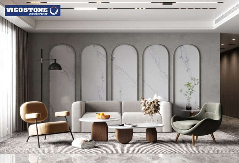 Đá nhân tạo VICOSTONE Faniello BQ8925 dùng trong ốp trang trí tường, mang đến vẻ đẹp tự nhiên, hiện đại cho phòng khách 