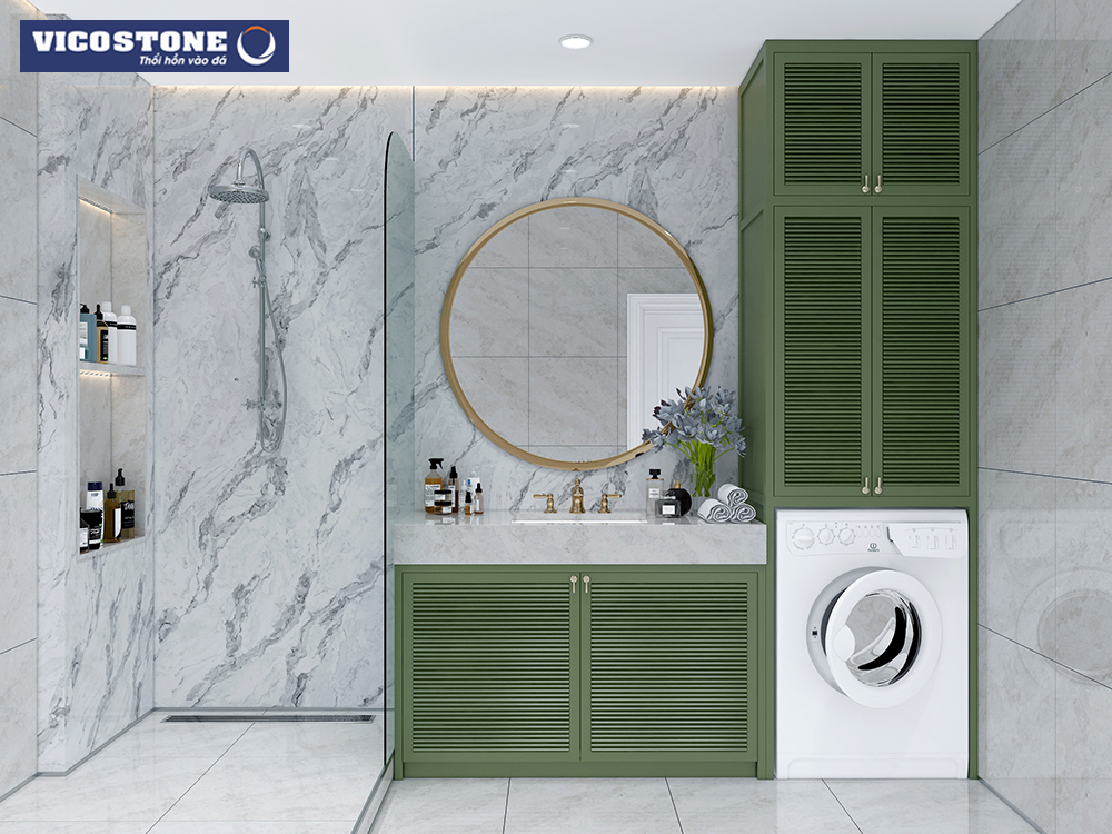 Mẫu đá VICOSTONE Madreperola BQ8891 rất dễ kết hợp để tạo nên tổng thể không gian hài hòa