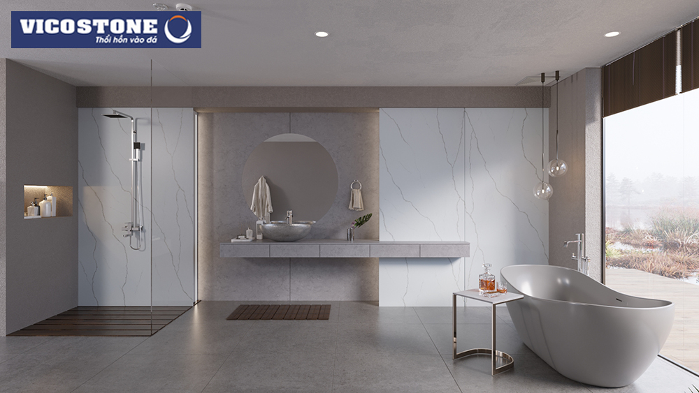 Mẫu đá VICOSTONE Concreto BQ8860 giúp bề mặt chậu rửa tạo nên sự độc đáo, điểm nhấn cho không gian