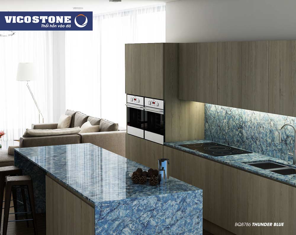 Đá nhân tạo gốc thạch anh THUNDER BLUE BQ8786 làm bàn bếp 